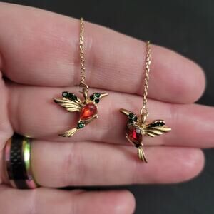 Red and gold hummingbird dangle earrings